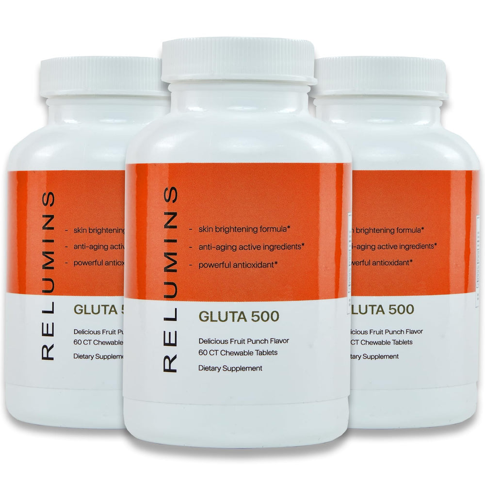 Relumins Spring Glow Gluta 500 package shows fruit punch chews for daily skin support.