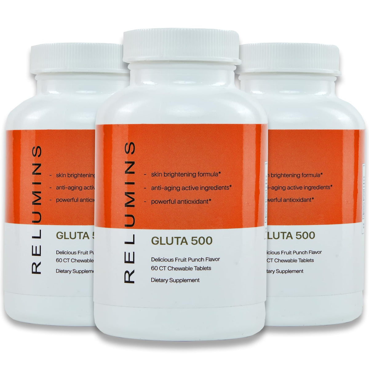 Relumins Spring Glow Gluta 500 package shows fruit punch chews for daily skin support.