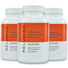 Relumins Spring Glow Gluta 500 package shows fruit punch chews for daily skin support.