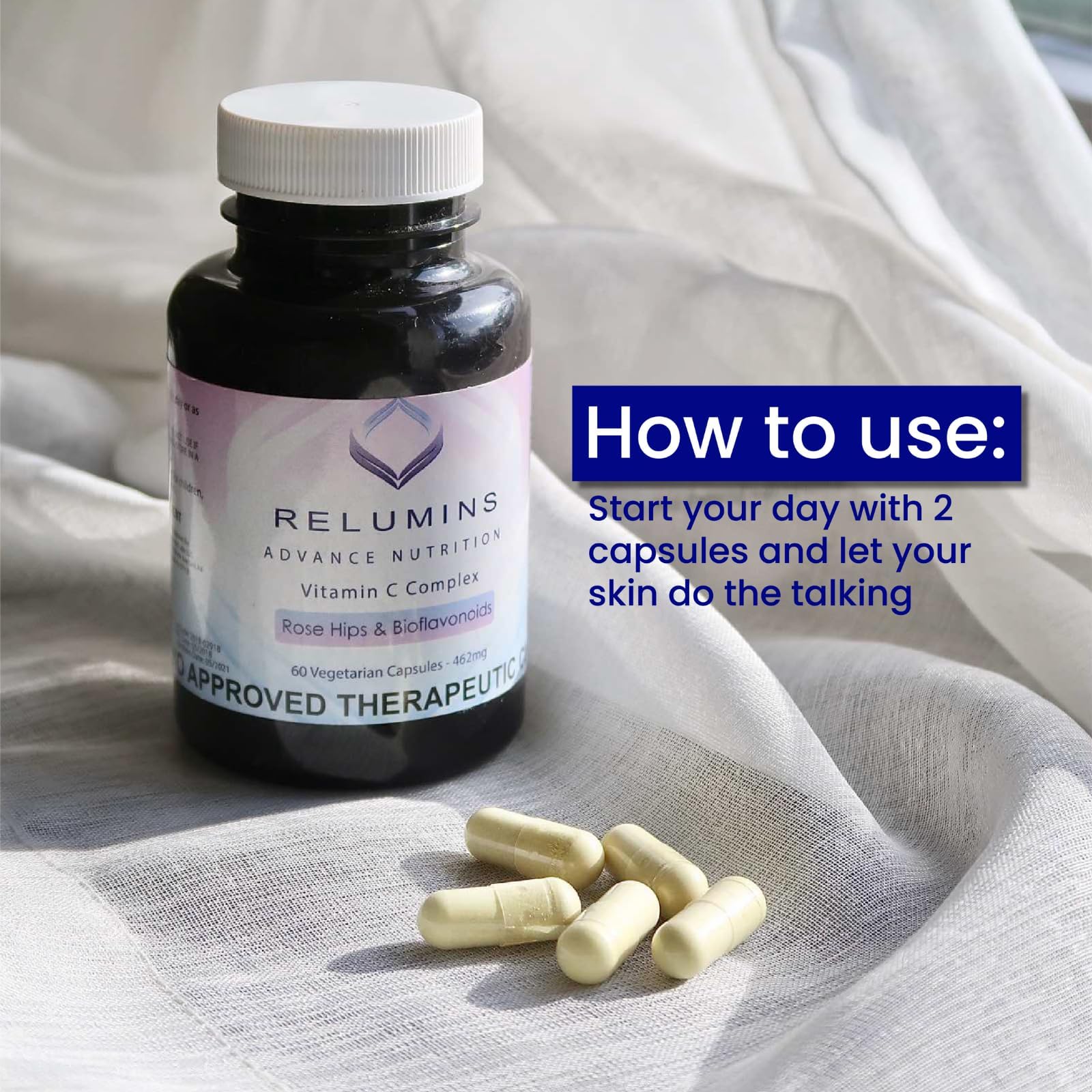 Close-up of Relumins Spring Glow ingredient panel featuring rose hips and vitamin C.