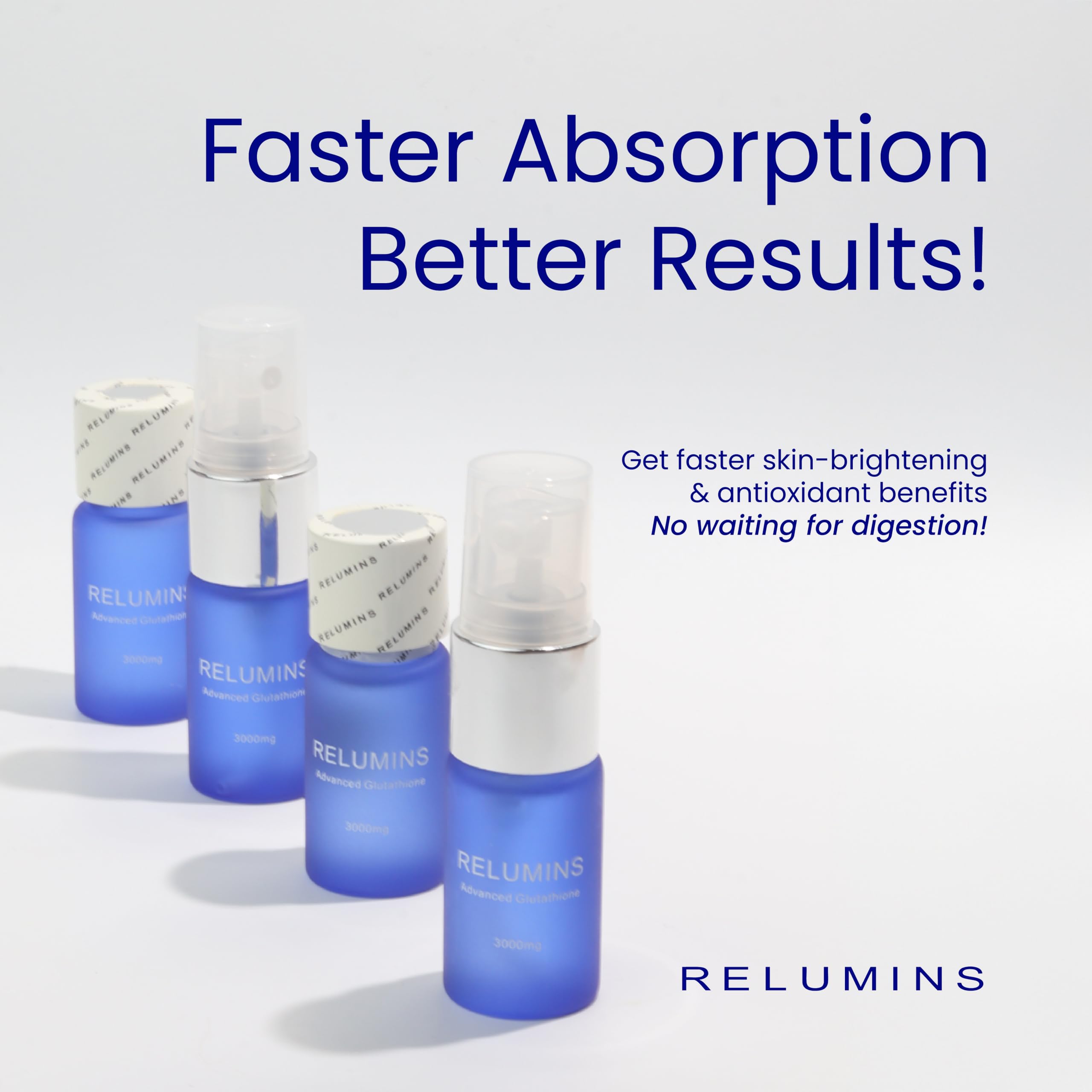 Relumins sublingual spray bottle side view showcases compact, travel-friendly packaging.