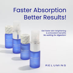 Relumins sublingual spray bottle side view showcases compact, travel-friendly packaging.