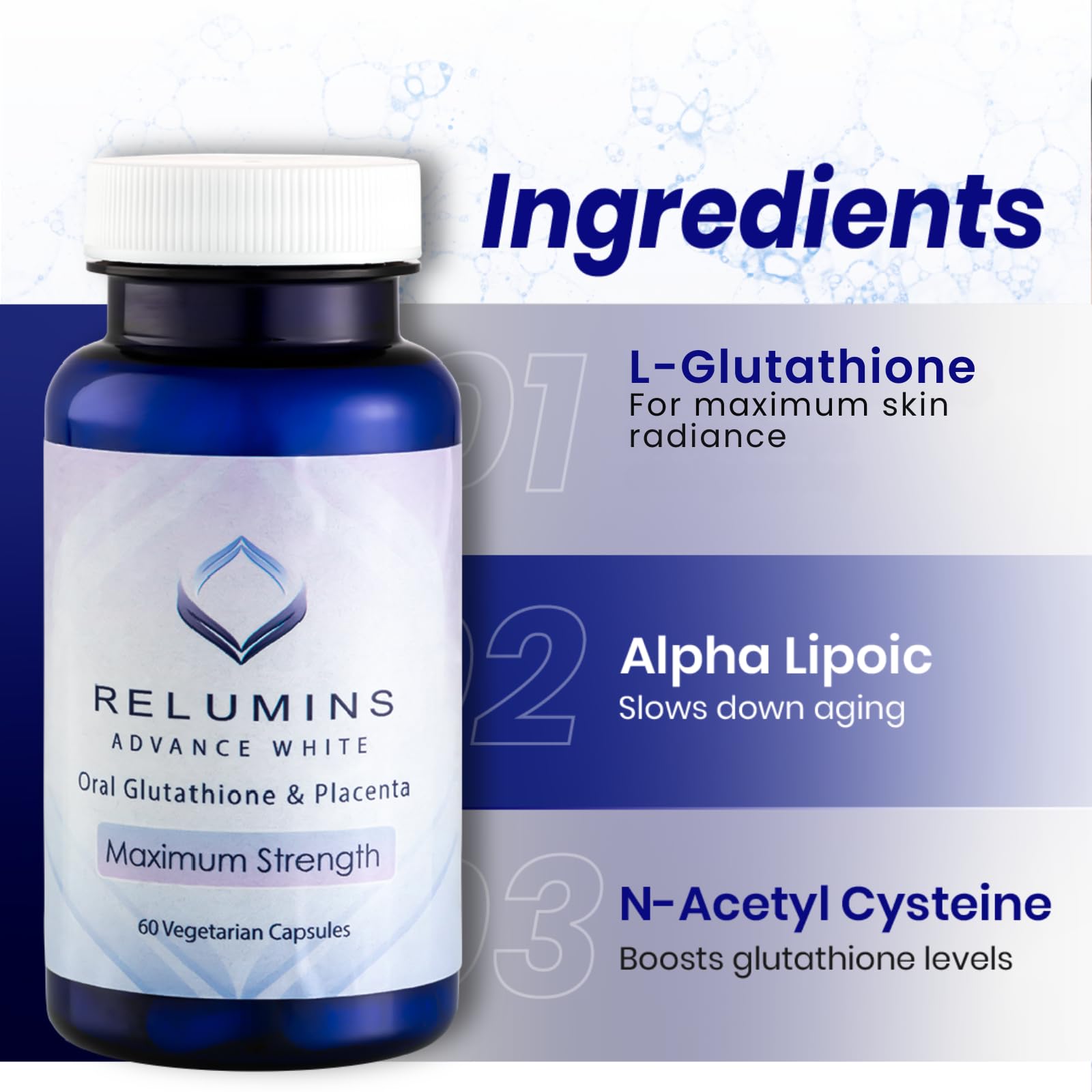 Relumins USA-made label communicates clean, non-GMO production and trust.