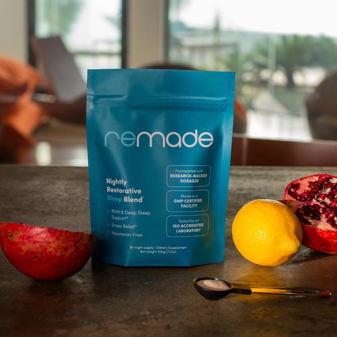 Remade ingredients ashwagandha and L-theanine spotlight natural calm and focus.