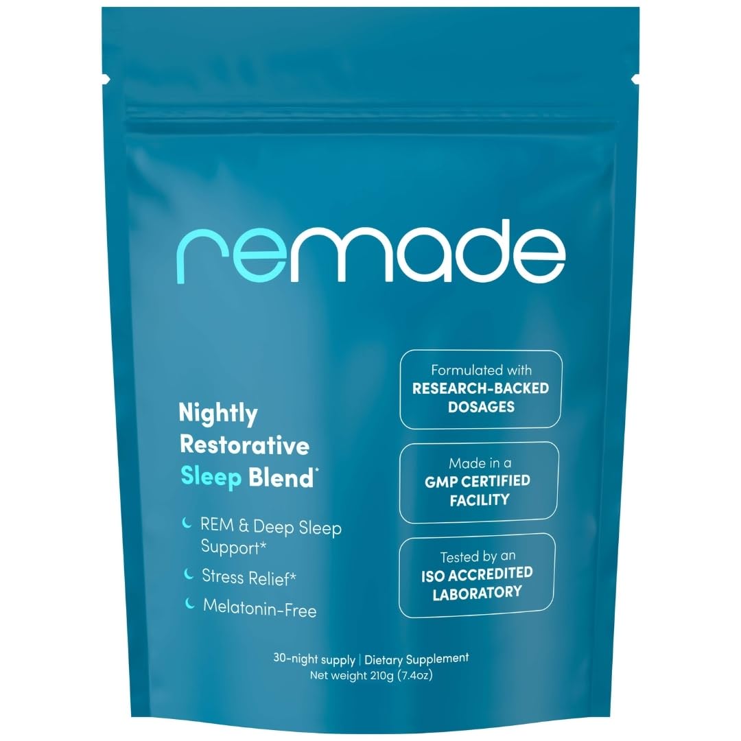 Remade natural sleep aid bottle on bedside table supports a calm nightly routine.