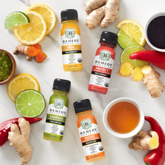 Remedy Organics Immunity Plus Shot ingredients featuring ginger and elderberry for immune support.