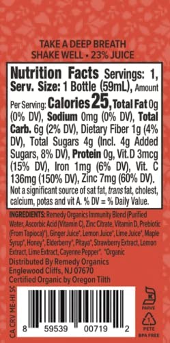 Remedy Organics Immunity Plus Shot label close-up showing matcha for natural energy.