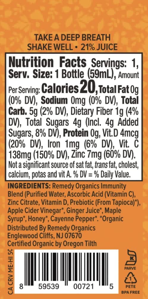 Remedy Organics Immunity Plus Shot label visible on a shelf-stable 24-pack.