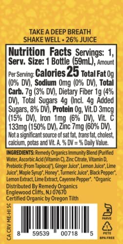 Remedy Organics Immunity Plus Shot on pantry shelf, shelf-stable.