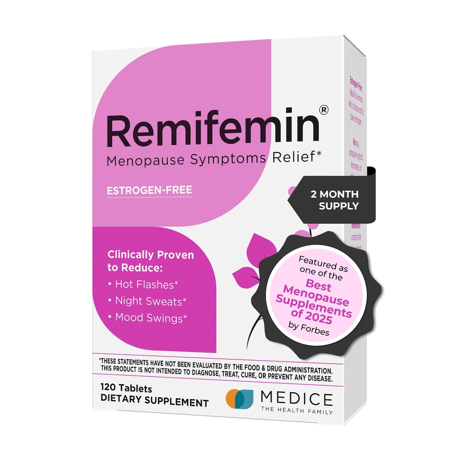 Remifemin bottle closeup highlighting hormone-free menopause support.