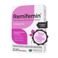 Remifemin bottle closeup highlighting hormone-free menopause support.