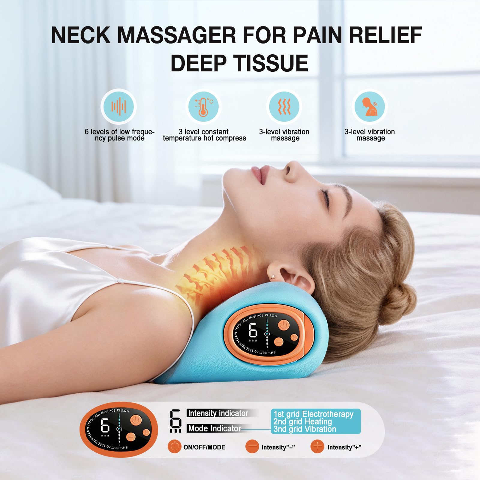 Remkove neck massager demonstrating vibration mode for muscle relief.