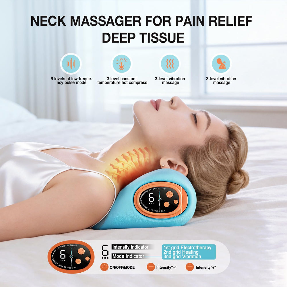 Remkove neck massager demonstrating vibration mode for muscle relief.