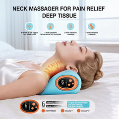 Remkove neck massager demonstrating vibration mode for muscle relief.