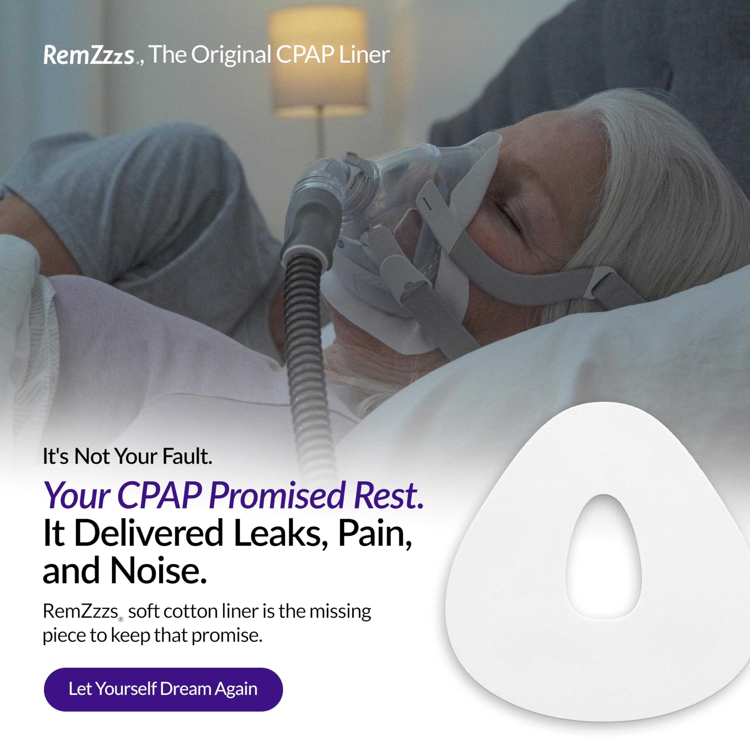 RemZzzs soft breathable CPAP liner close-up emphasizes cotton comfort reducing irritation.