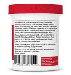 RENAMAX label close-up shows four probiotic strains for gut-kidney synergy.