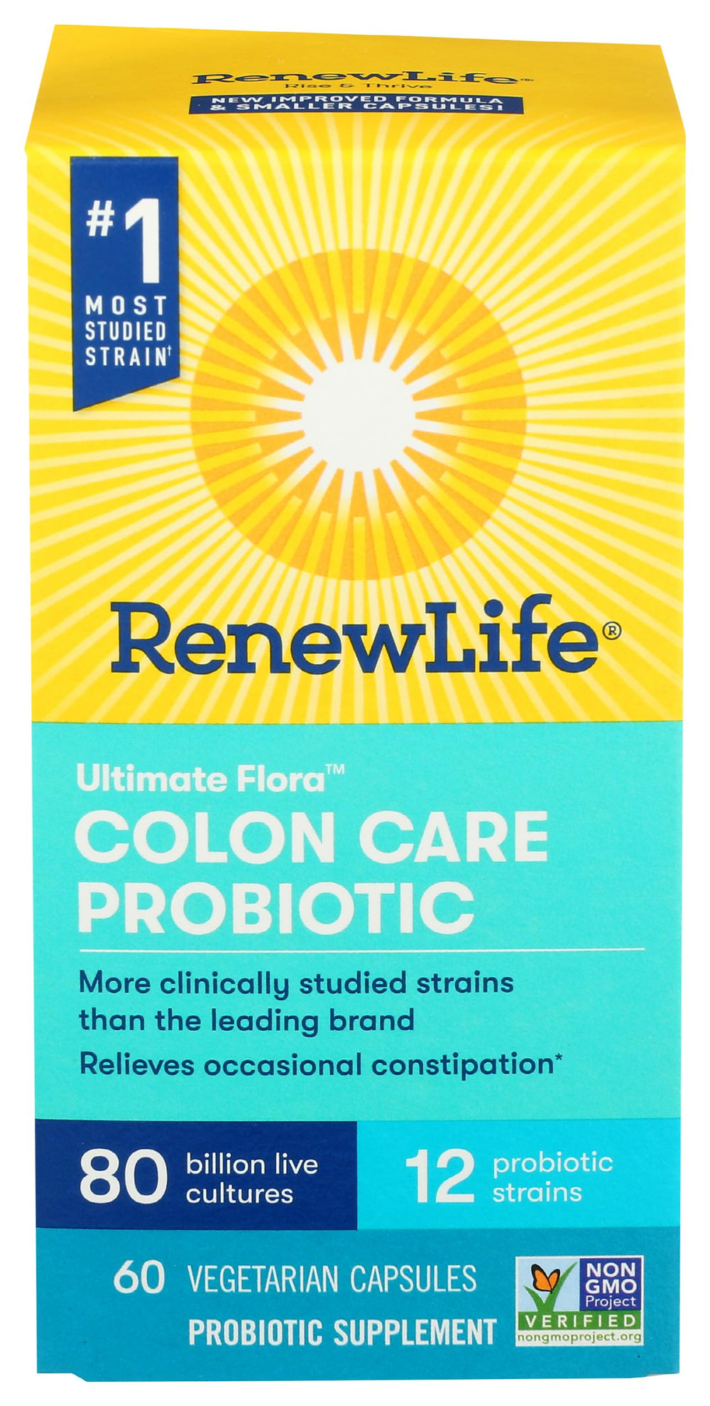 Renew Life Colon Care bottle shows 80 billion CFU per capsule for daily use.