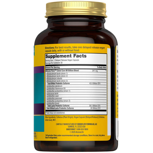 Renew Life Colon Care capsules closeup highlighting convenient daily probiotic use.