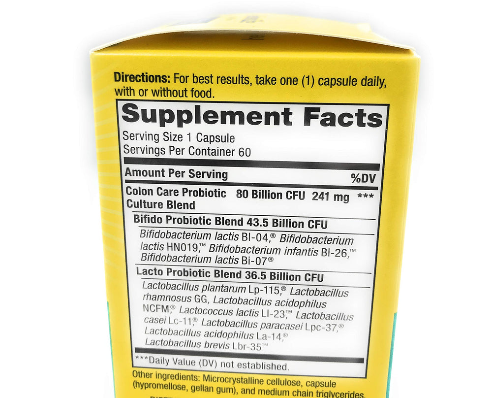 Renew Life Colon Care label highlights 12 probiotic strains and high potency.