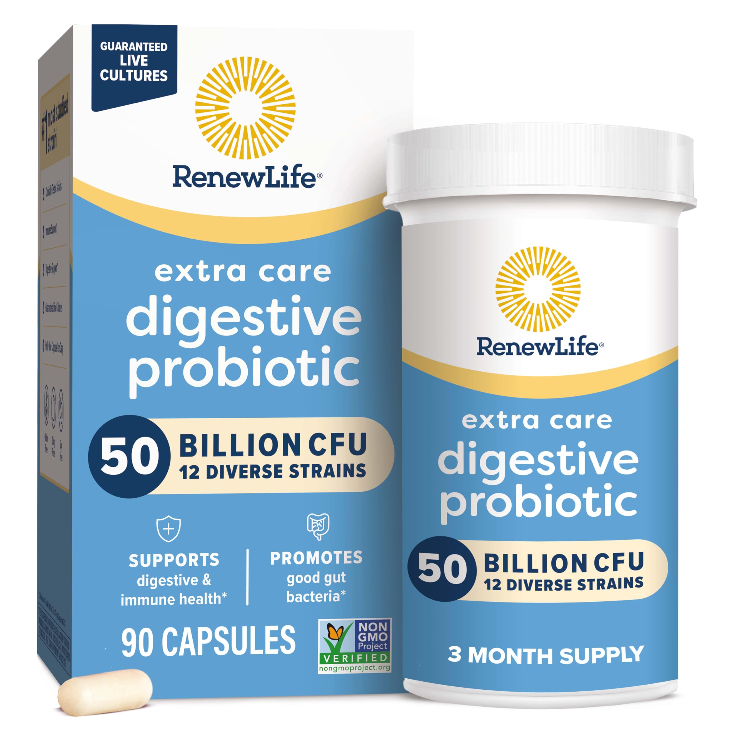 Renew Life Extra Care Digestive Probiotic bottle front shows 50B CFU for daily gut balance.