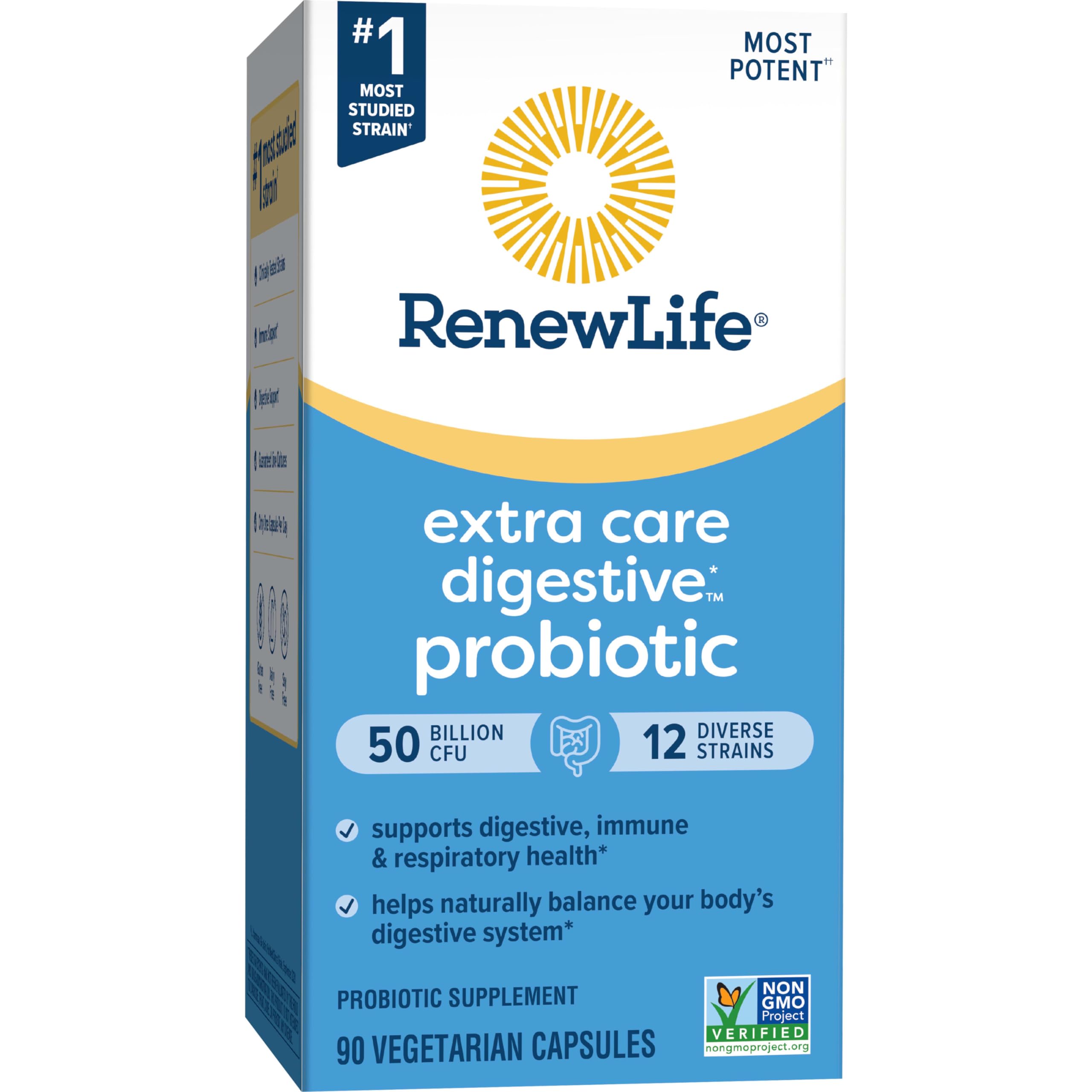 Renew Life Extra Care Digestive Probiotic box with foil seal preserves freshness.