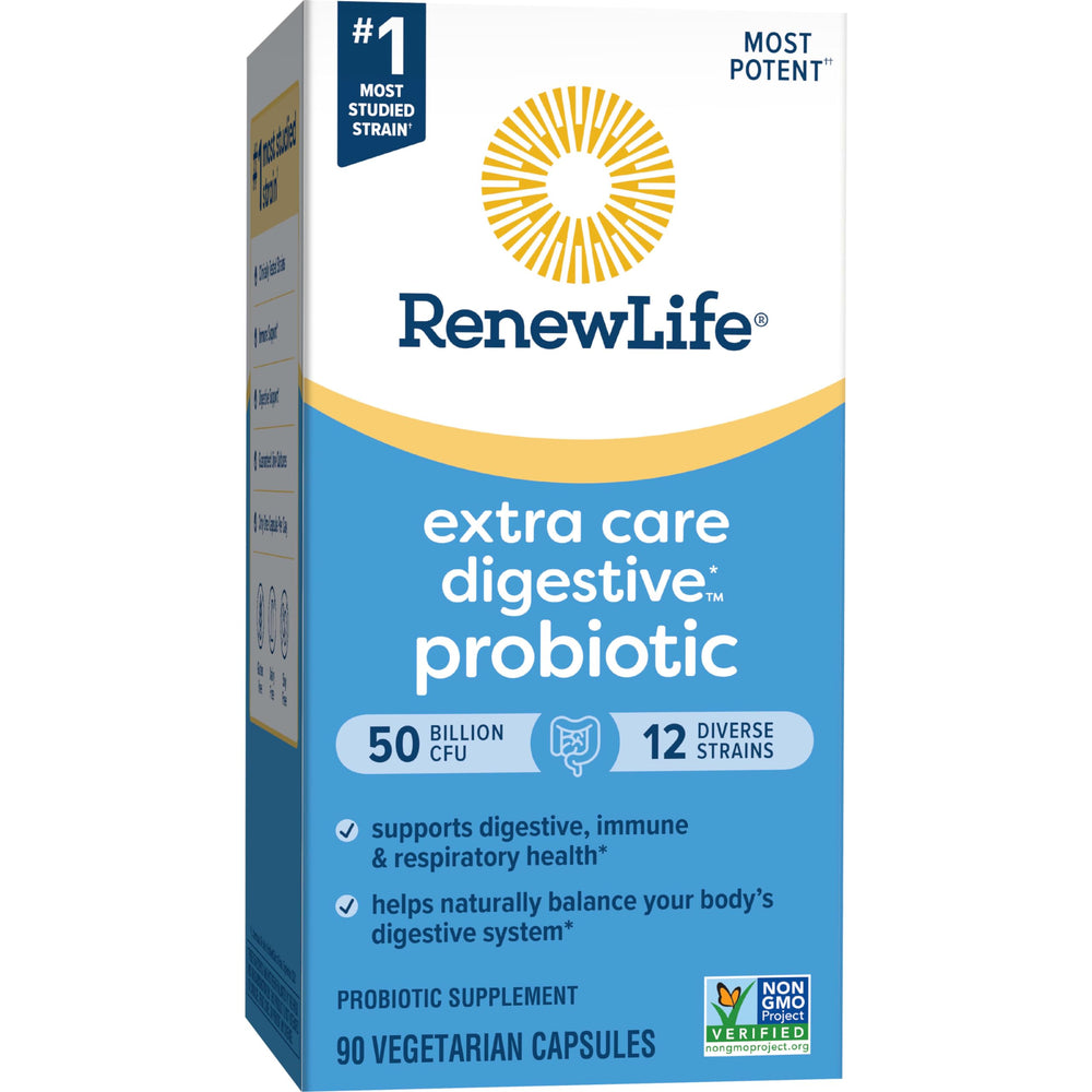 Renew Life Extra Care Digestive Probiotic box with foil seal preserves freshness.
