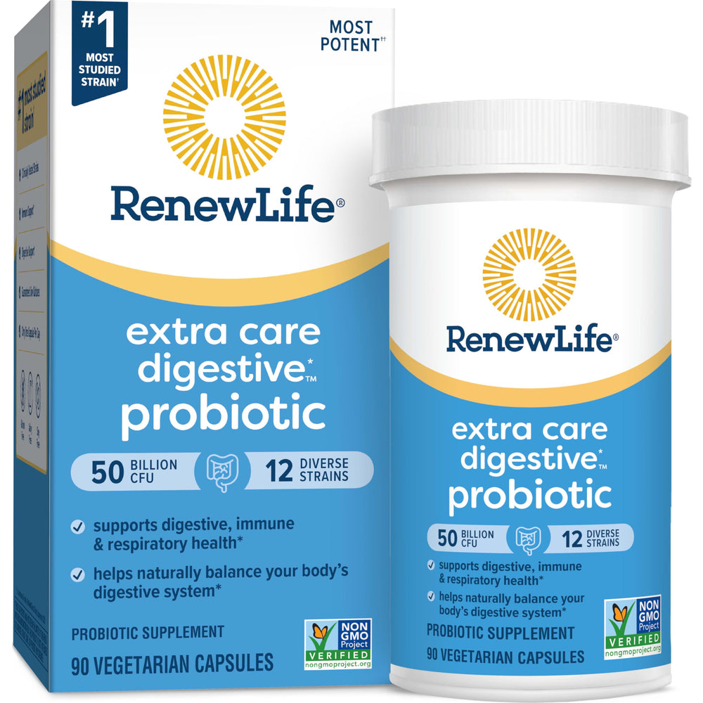 Renew Life Extra Care Digestive Probiotic in-use daily routine for gut wellness.