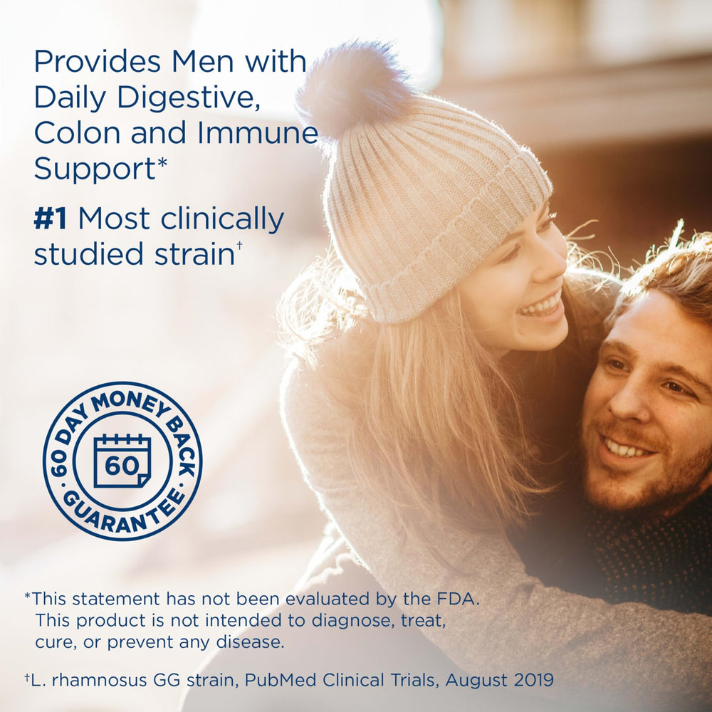 Renew Life Men’s Care probiotic capsules ready to swallow for daily digestive and immune balance.