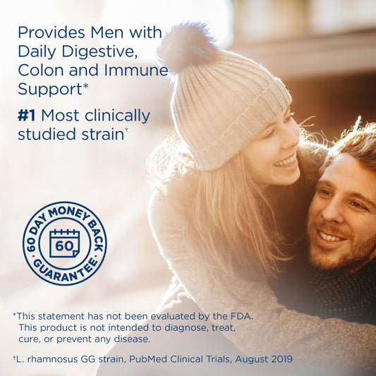 Renew Life Men’s Care probiotic capsules ready to swallow for daily digestive and immune balance.