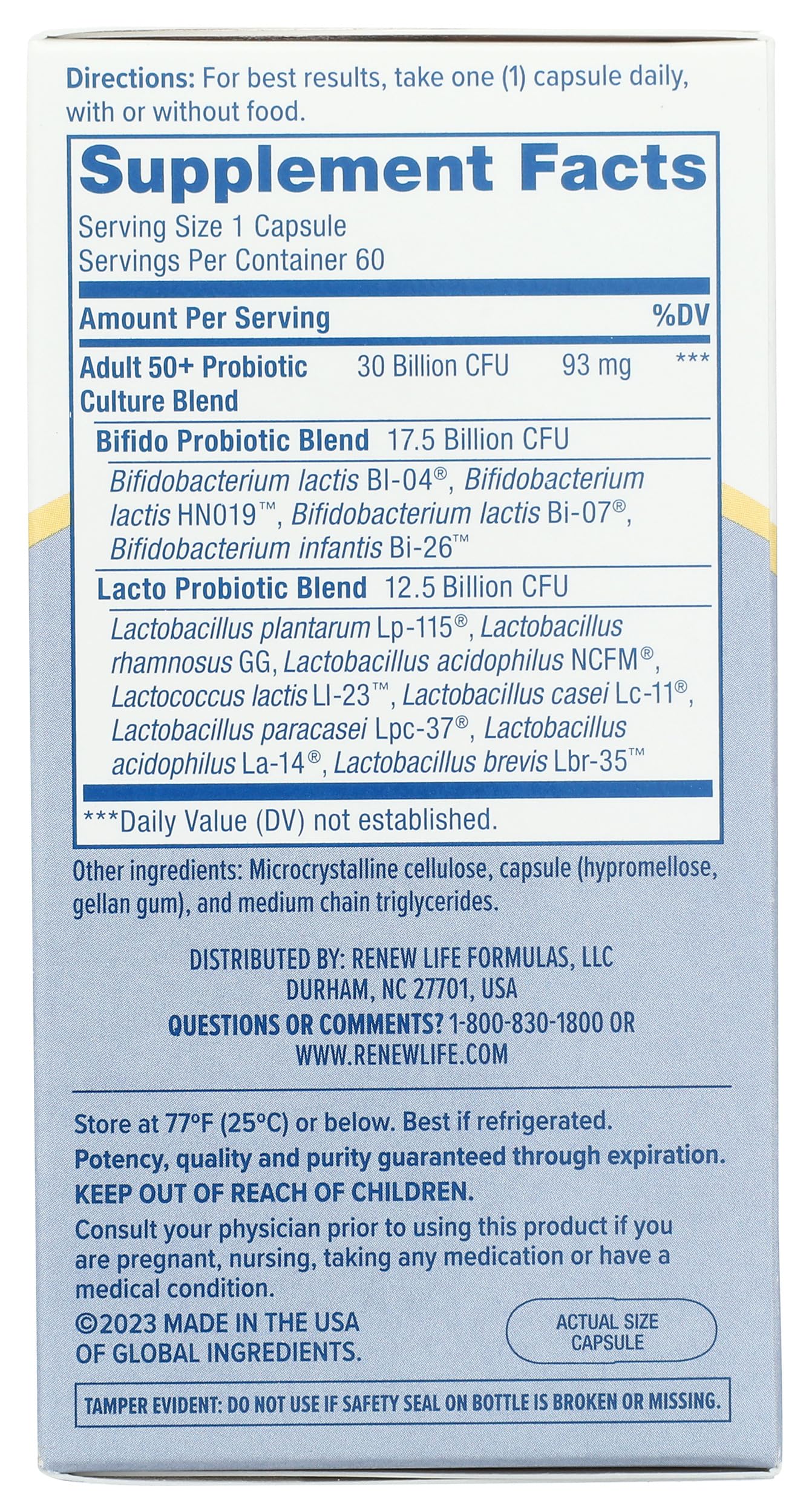 Renew Life Probiotic 30B UF glass of water beside bottle for easy intake