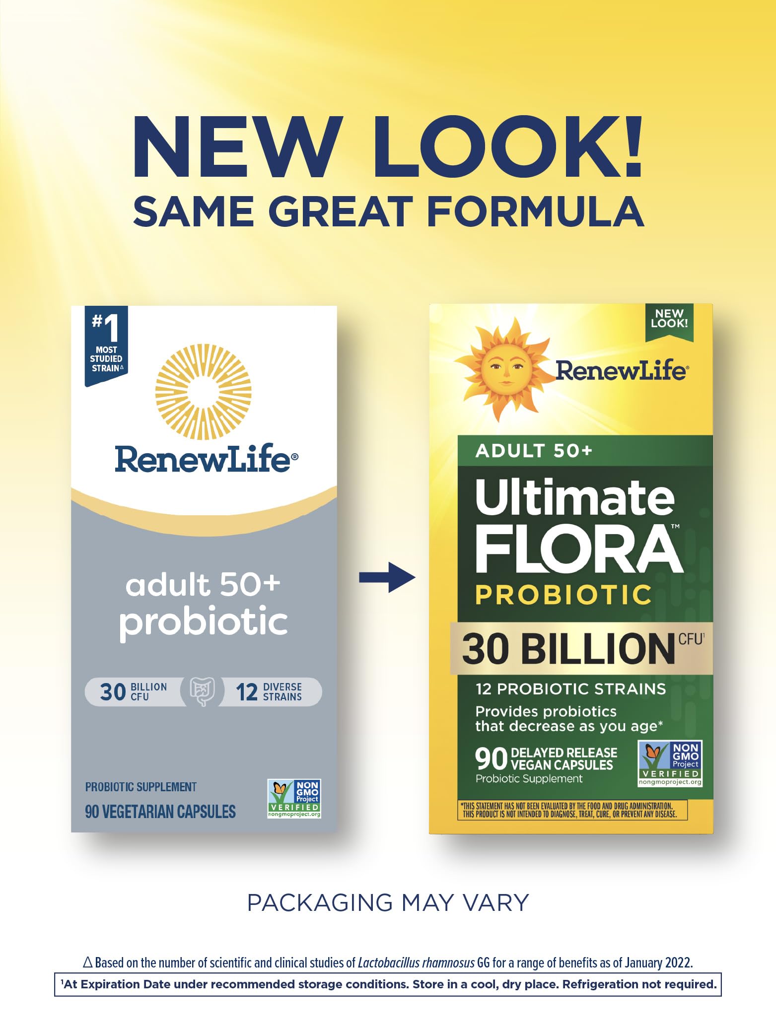 Renew Life Probiotic Adult 50 Plus bottle label closeup with 30B CFU and 12 strains