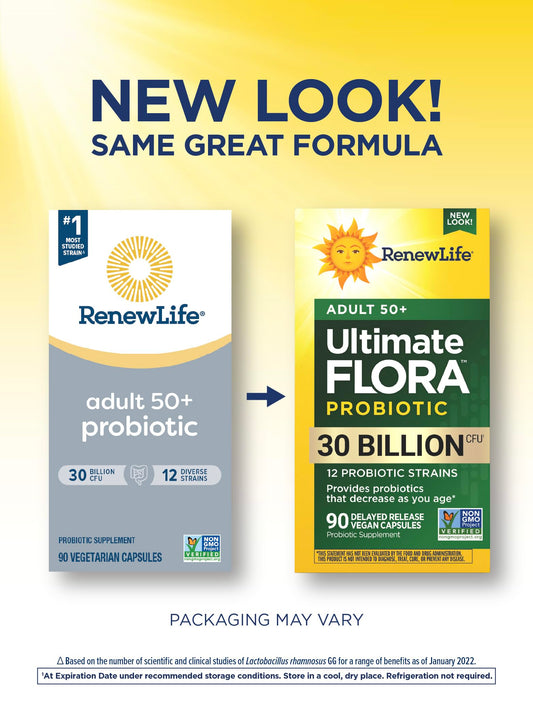 Renew Life Probiotic Adult 50 Plus bottle label closeup with 30B CFU and 12 strains