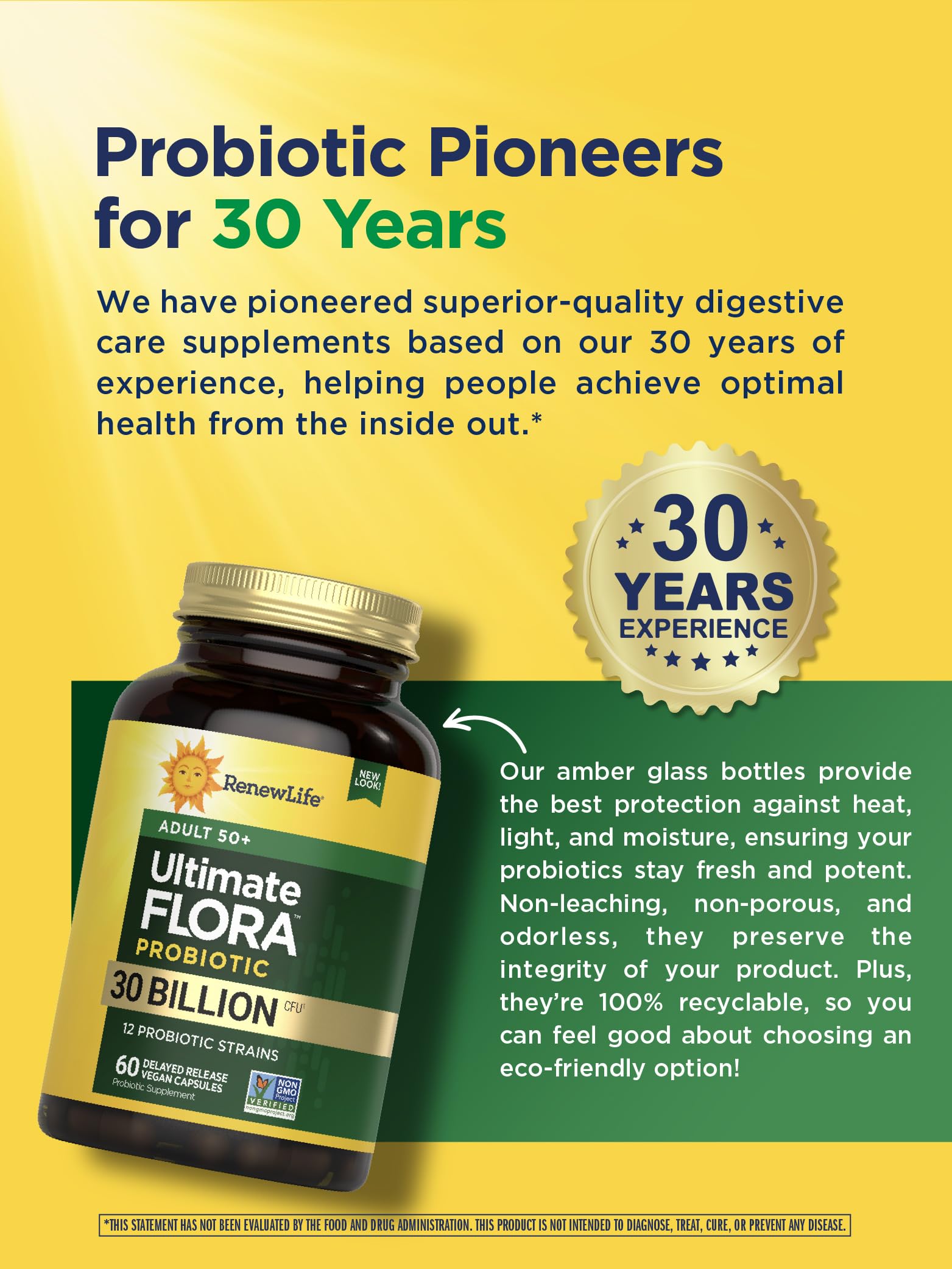 Product shot emphasizing dairy-free and soy-free formulation by Renew Life