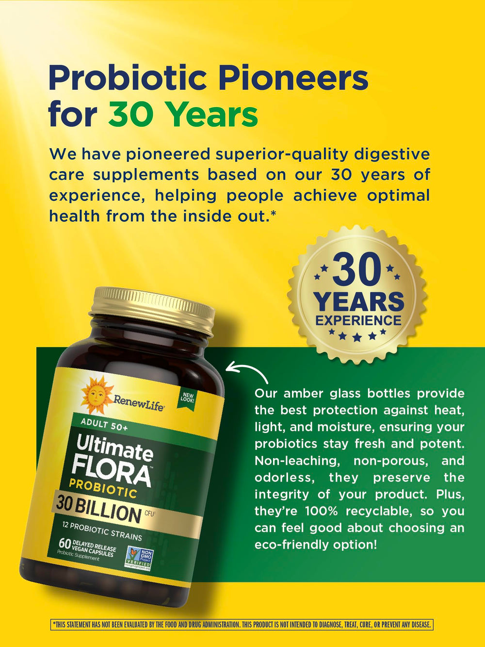 Product shot emphasizing dairy-free and soy-free formulation by Renew Life