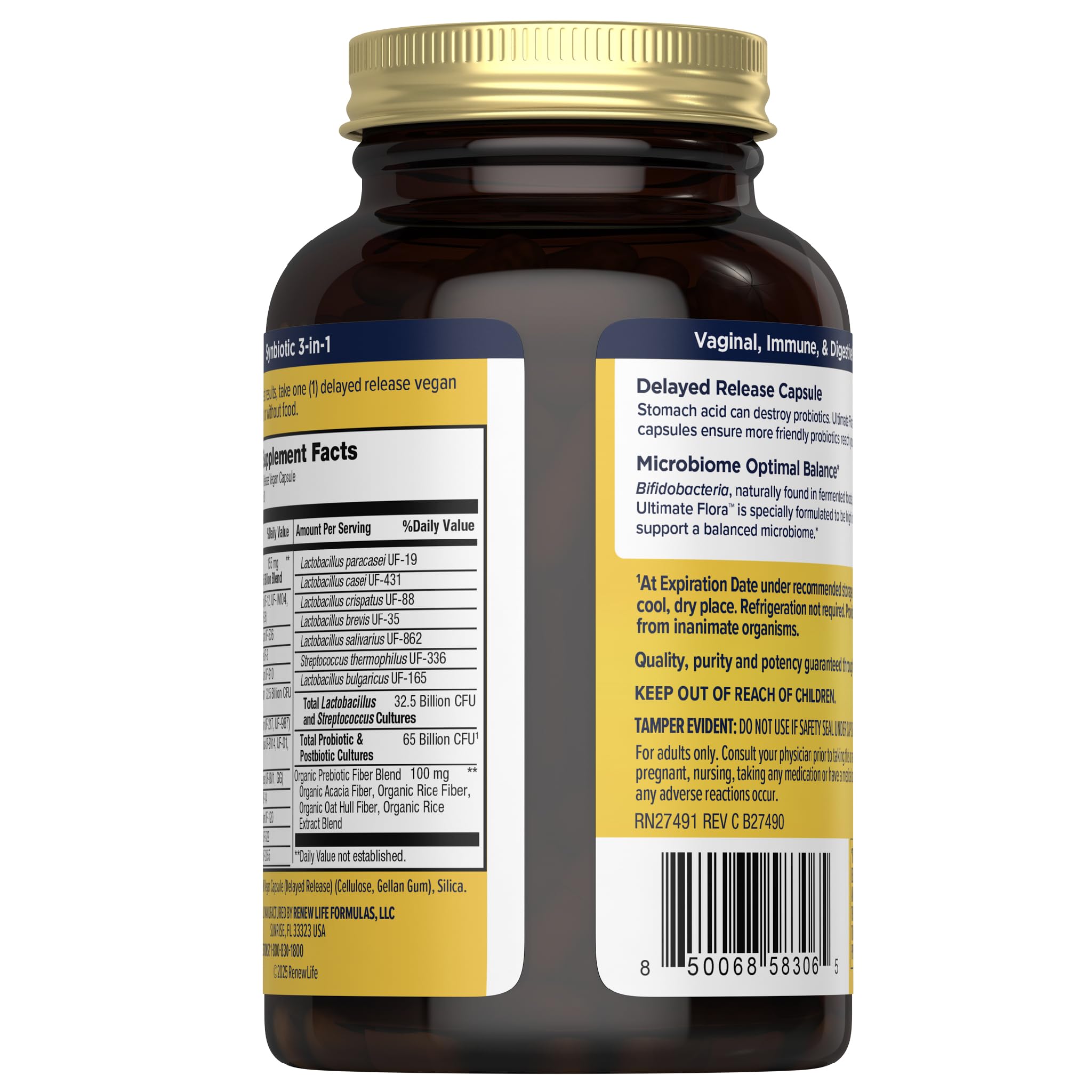 Renew Life Ultimate Flora Women 26-strain probiotic promotes balanced microbiome.