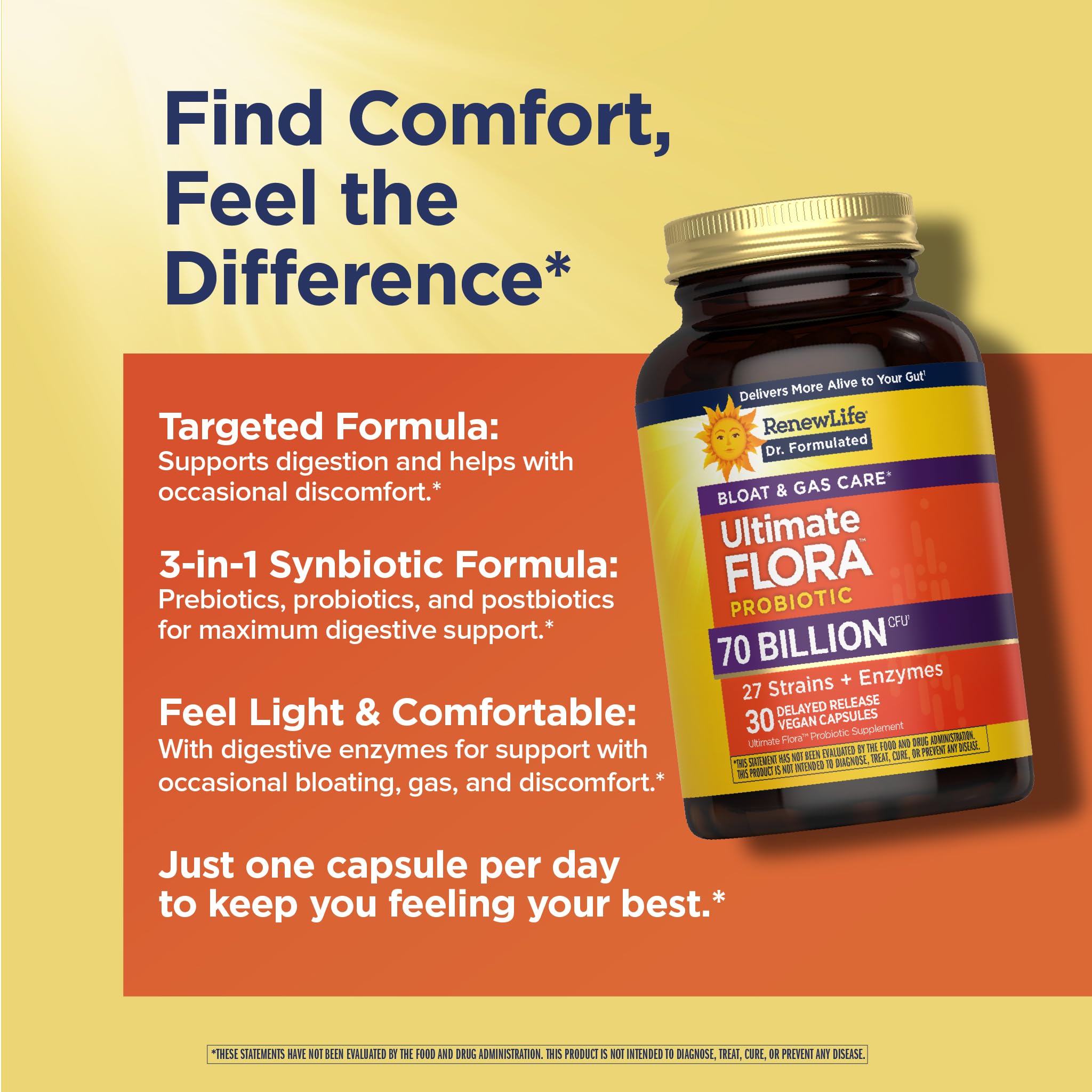 Renew Life Ultimate Flora 27-strains graphic illustrating diverse probiotic blend.