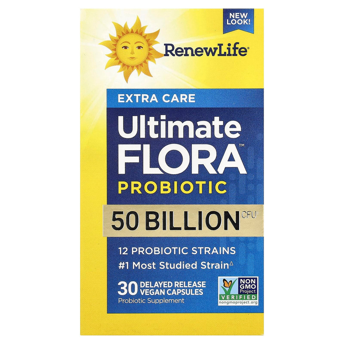 Renew Life Ultimate Flora 50B bottle front view promoting digestive balance.