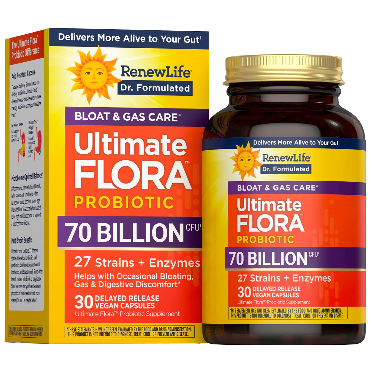 Renew Life Ultimate Flora bottle front view highlighting a probiotic for daily digestion.