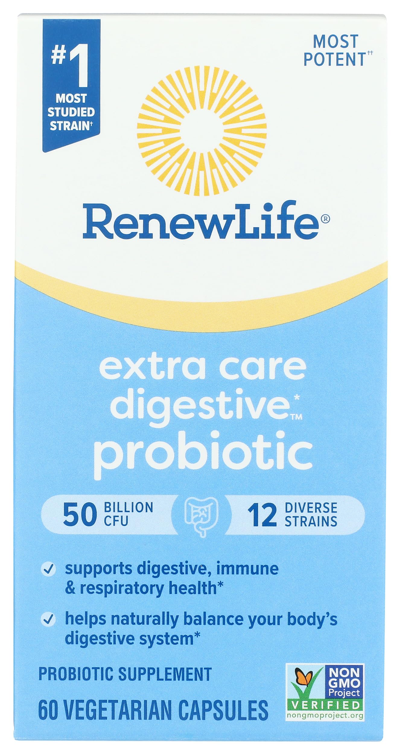 Renew Life Ultimate Flora bottle close-up highlighting the probiotic formula for digestive support.
