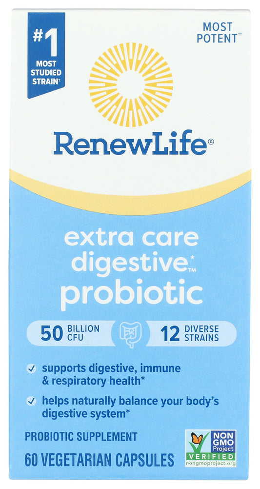 Renew Life Ultimate Flora bottle close-up highlighting the probiotic formula for digestive support.