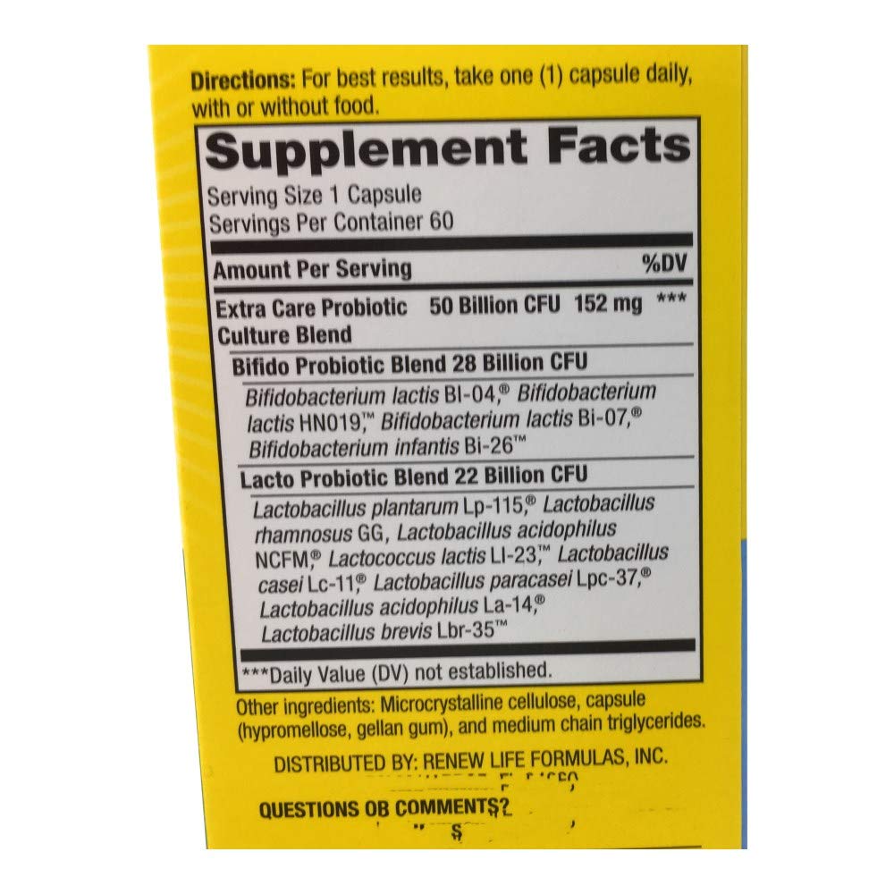 Renew Life Ultimate Flora capsules poured illustrating easy daily dosing for gut balance.