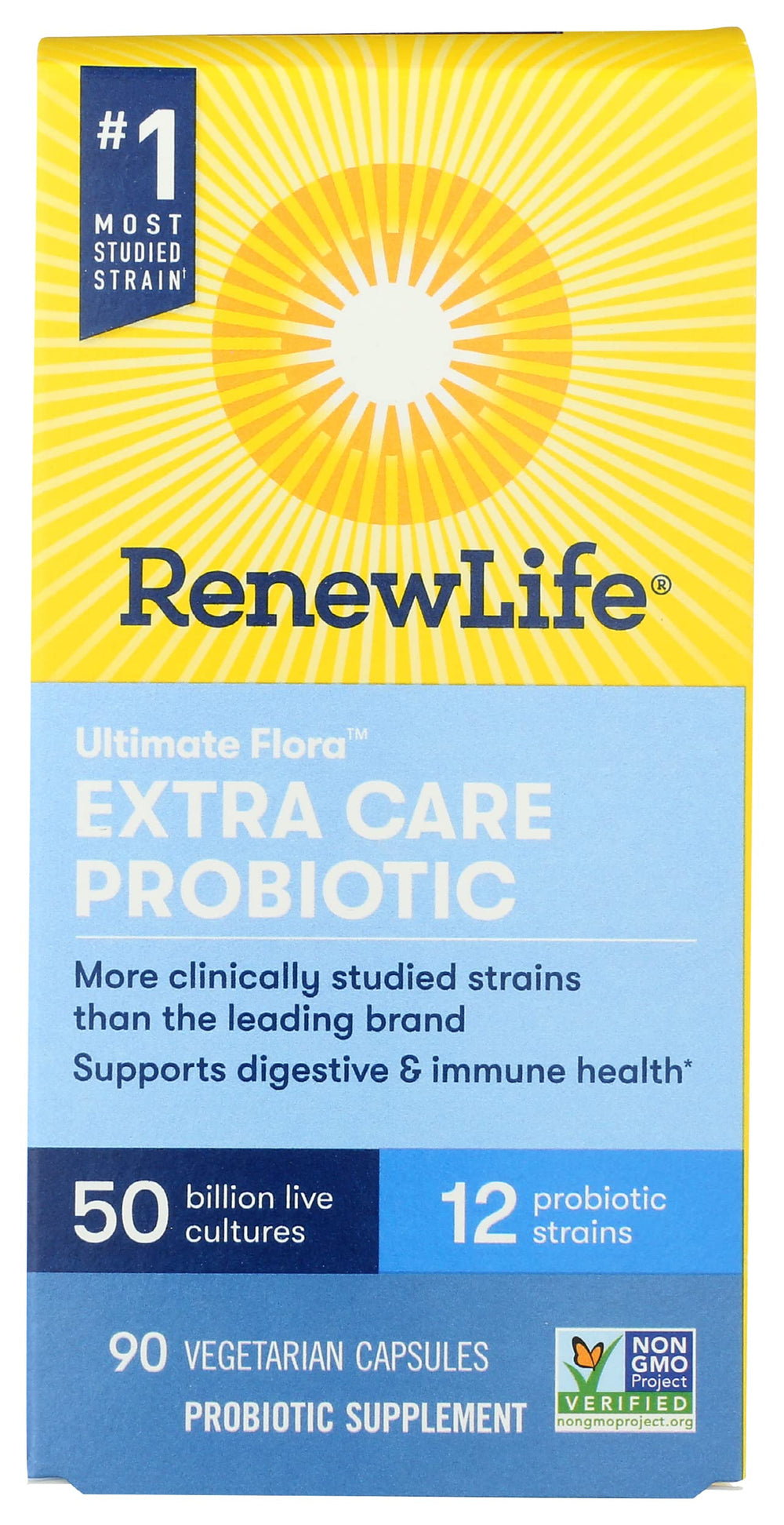 Renew Life Ultimate Flora Extra Care bottle front view for daily digestion support.