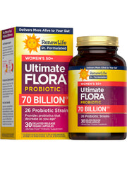 Renew Life Ultimate Flora for Women 50+ bottle with 70 Billion CFU and vegan capsules.