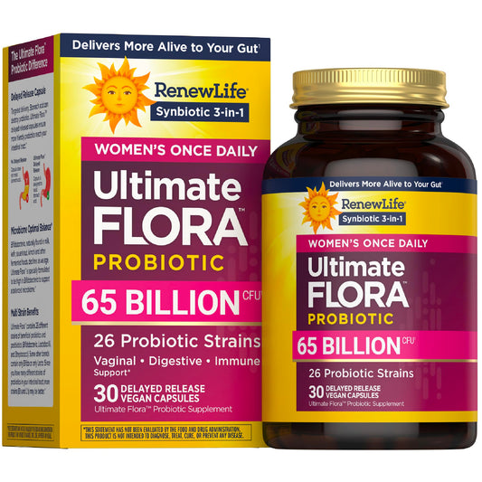 Renew Life Ultimate Flora Women 65B CFU capsule bottle for daily gut balance.
