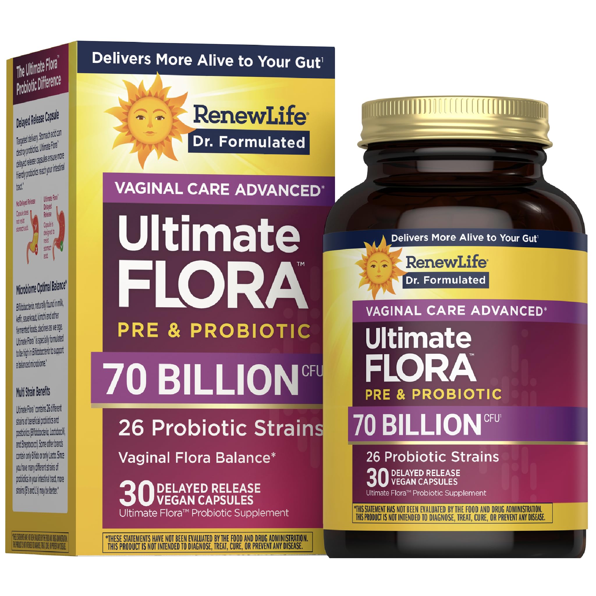 Renew Life Ultimate Flora Women bottle front with vegan capsules for daily support.