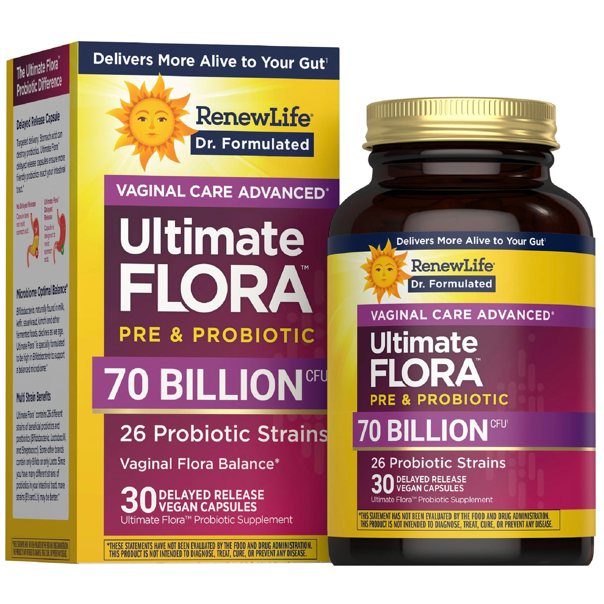 Renew Life Ultimate Flora Women bottle front with vegan capsules for daily support.