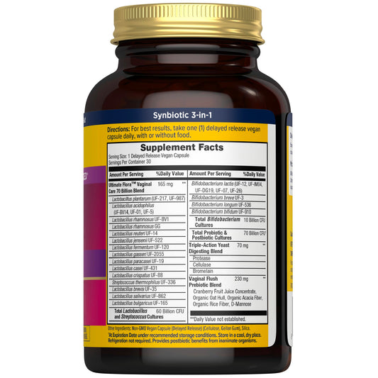 Renew Life Ultimate Flora Women capsules close-up highlighting 70 billion CFU.