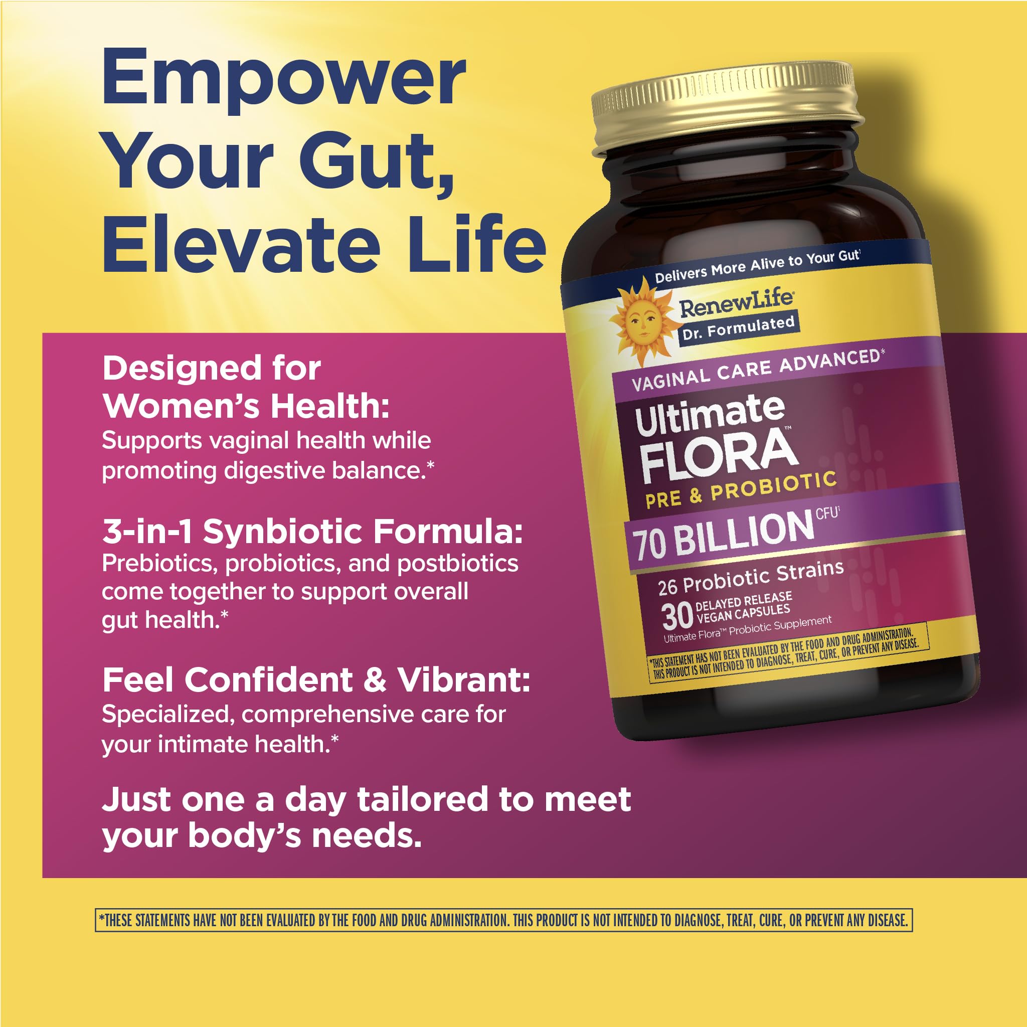 Renew Life Ultimate Flora Women ingredient list highlights Lactobacillus strains for vaginal health.