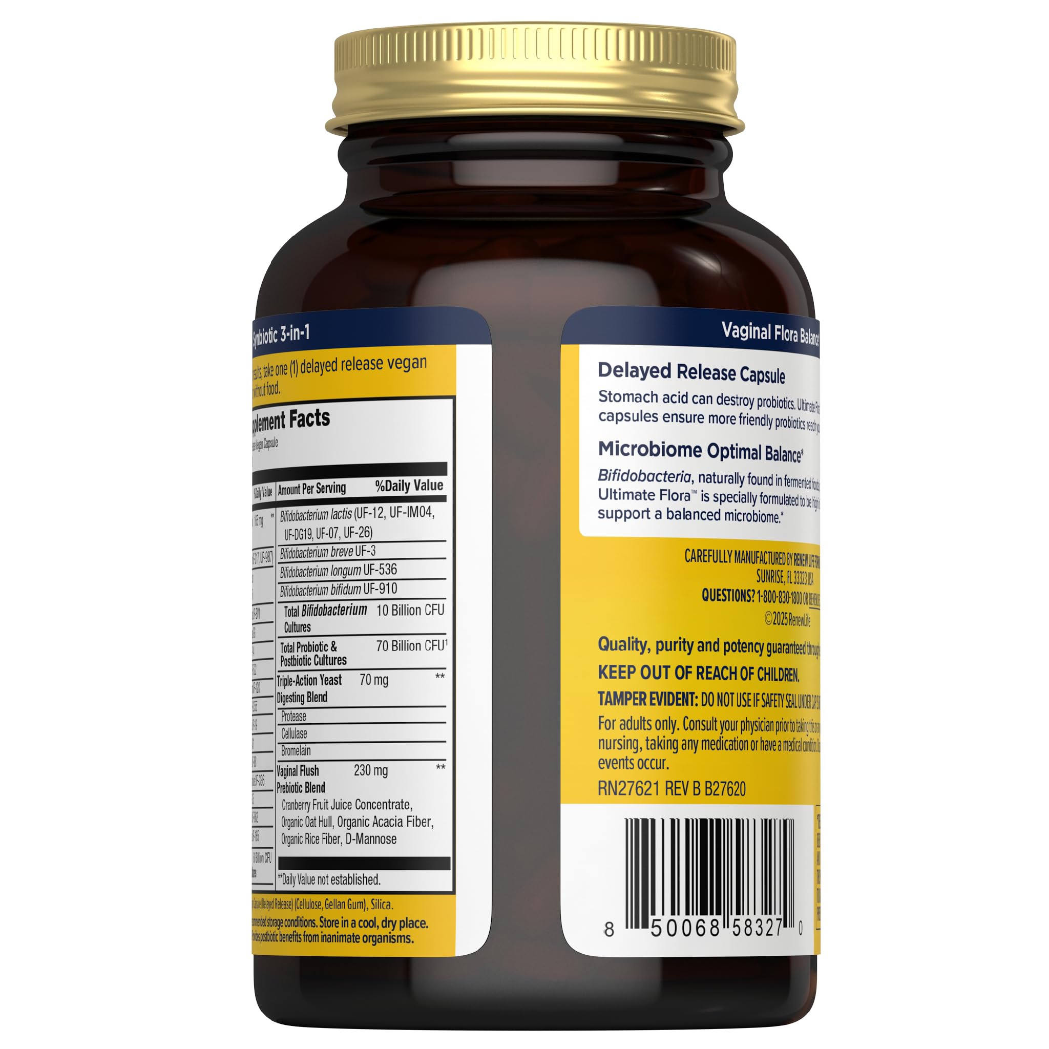 Renew Life Ultimate Flora Women label detail notes dairy-free and gluten-free ingredients.