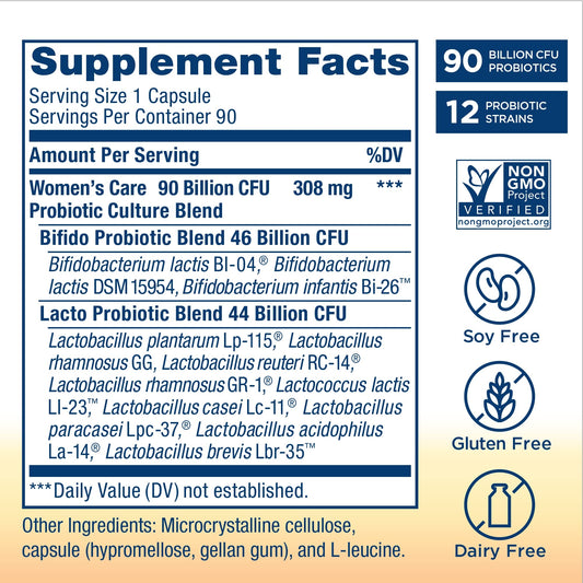 Close-up of Renew Life Women's Care capsules highlighting 25 Billion CFU per dose.